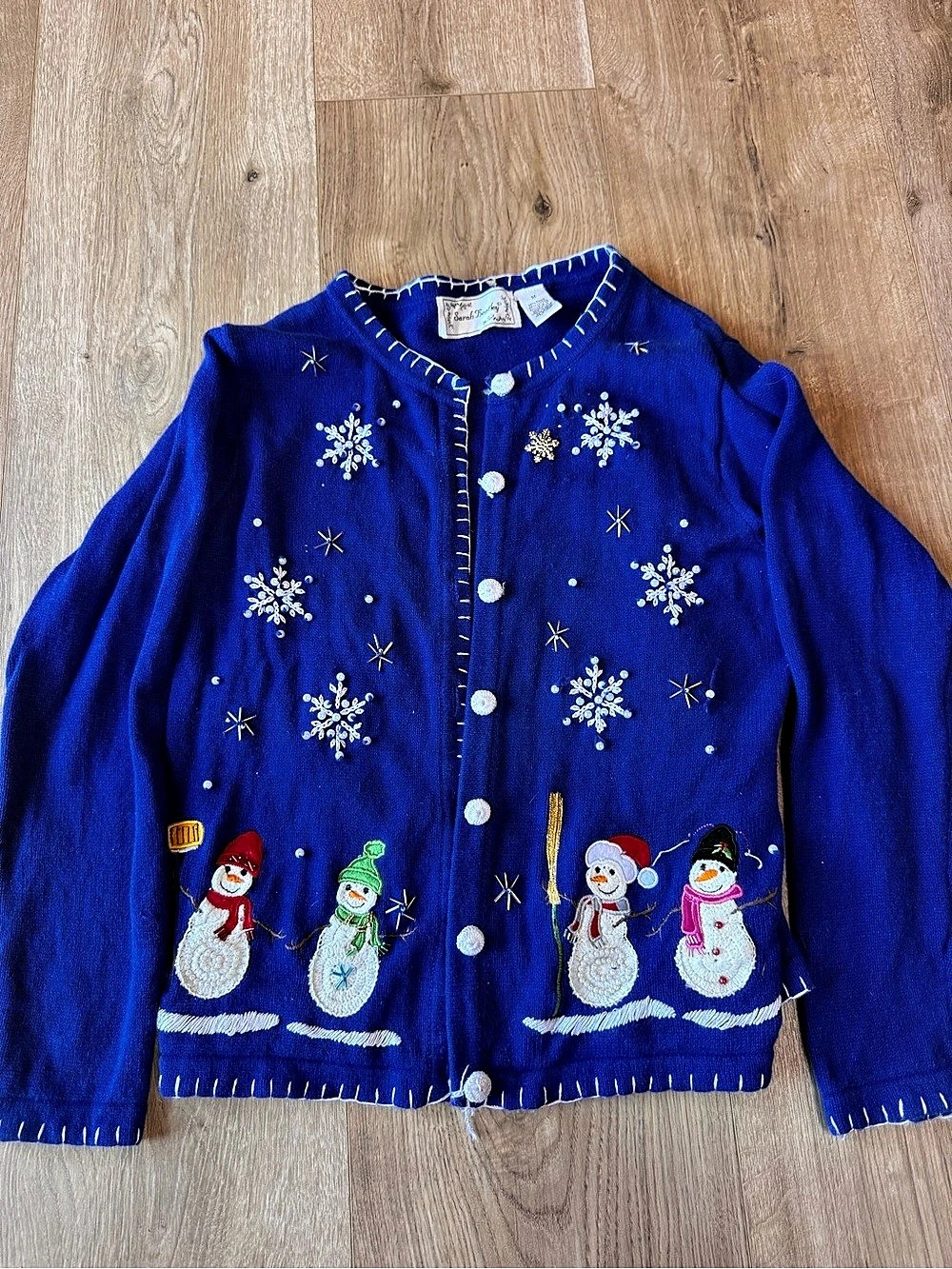 Vintage Sarah Bentley women’s  Holiday Cardigan Blue & White Medium